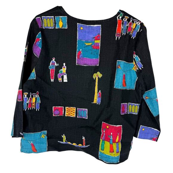 VTG Hot Cotton black tribal linen two piece set skirt blouse african artsy mediu - Picture 4 of 12